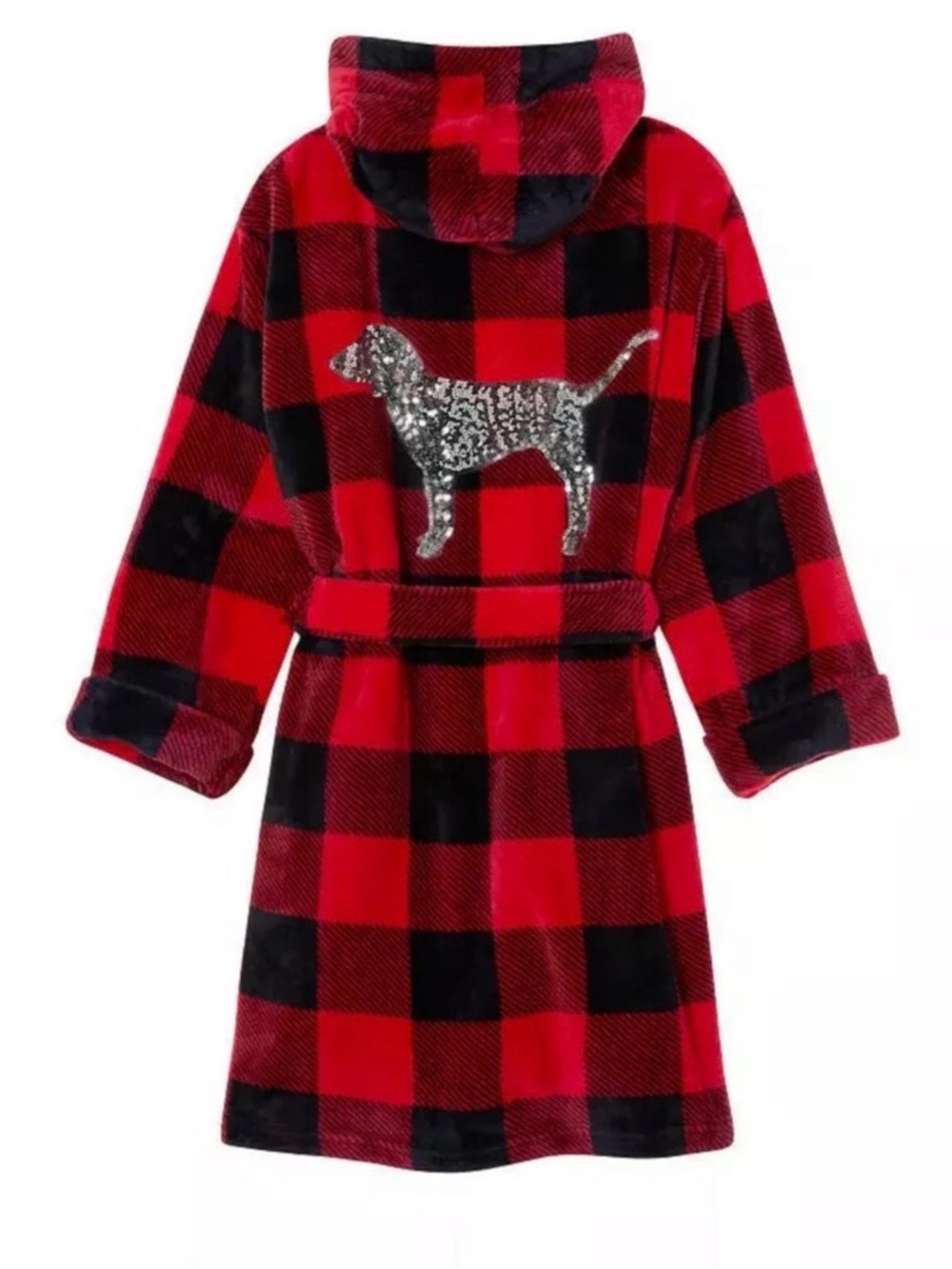 Victoria's Secret PINK Buffalo Plaid Fleece Robe with Sequin Dog Logo Size M/L